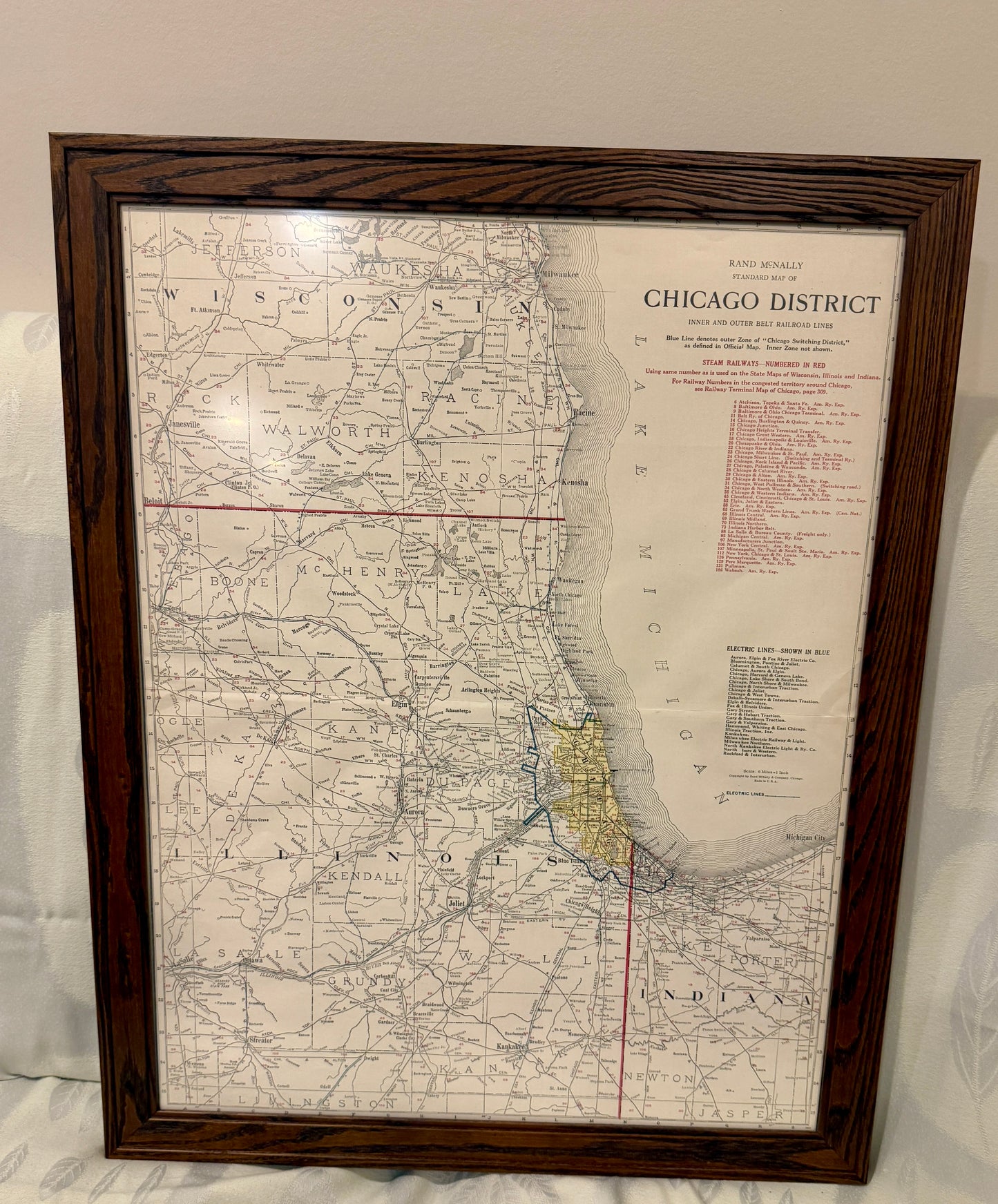 Framed Vintage Railroad Map – Chicago District, Rand McNally Historic Rail Network of the Greater Chicago Region
