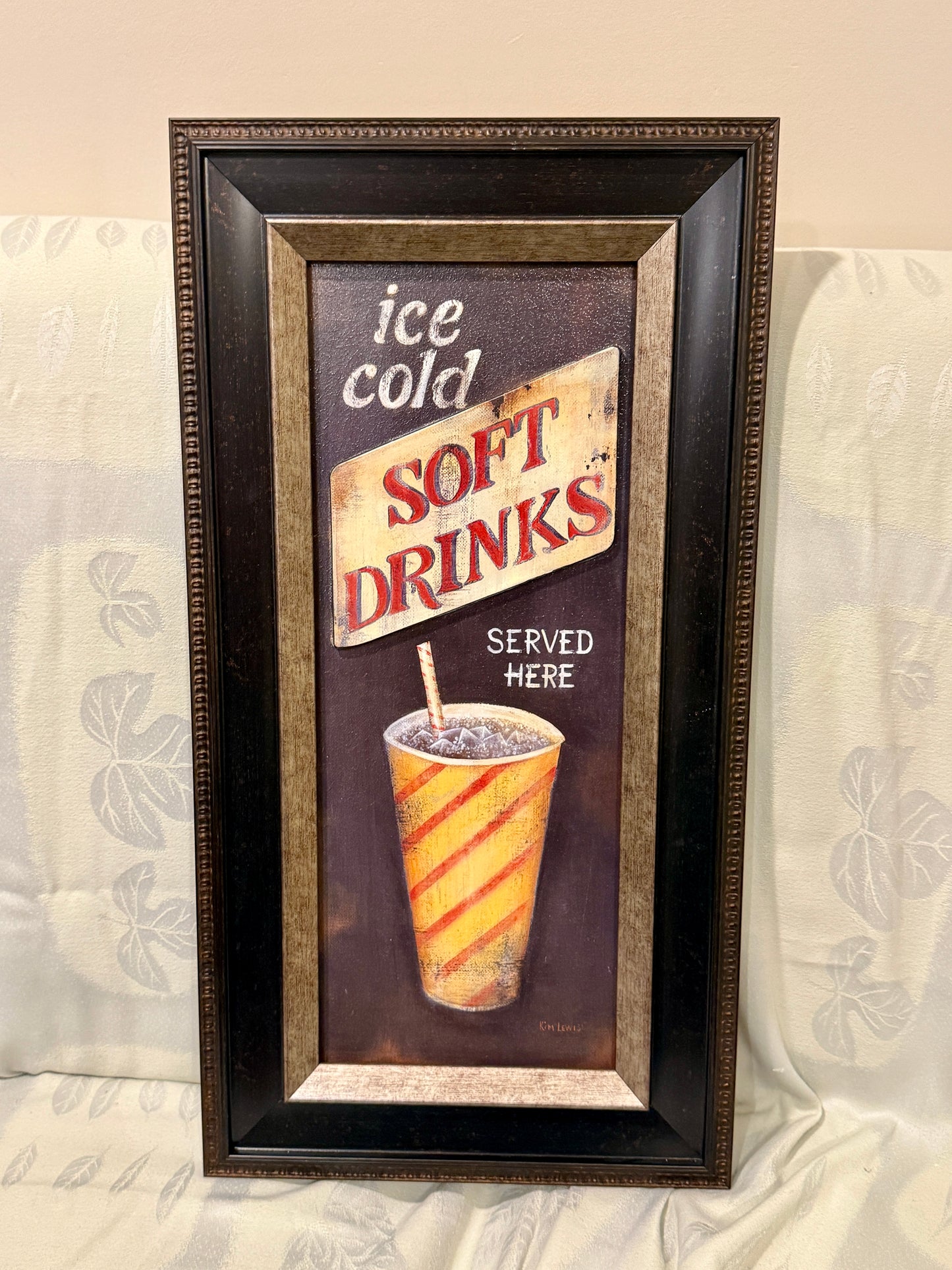 Framed Retro Diner Sign Art – “Ice Cold Soft Drinks Served Here” Artwork by CH Lowe – Americana Style