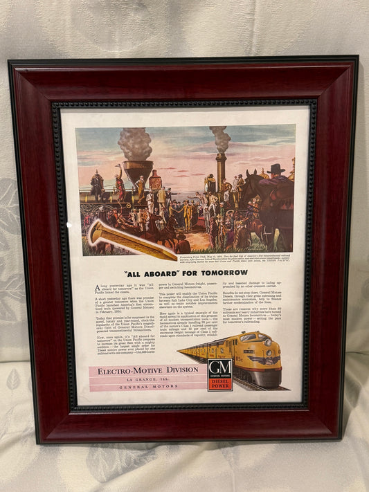 🛤️ Framed Vintage Advertisement – “All Aboard for Tomorrow” (c. 1940s–50s) Featuring Electro-Motive Division of General Motors – La Grange, Illinois