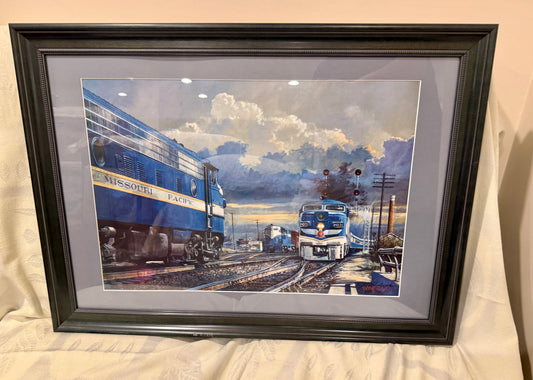 🚆 Framed Railroad Art – Missouri Pacific Diesels at Dusk By Winfield – Signed Railroad Fine Art Print