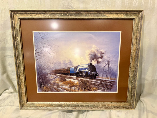 Framed Railroad Art – LNER A4 Pacific in Winter Classic British Steam Locomotive in Snowy Countryside