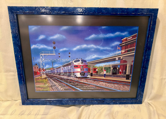 Framed Railroad Art – Rock Island E-Units at Joliet Depot Bright Modern Print in Custom Blue Lacquer Frame