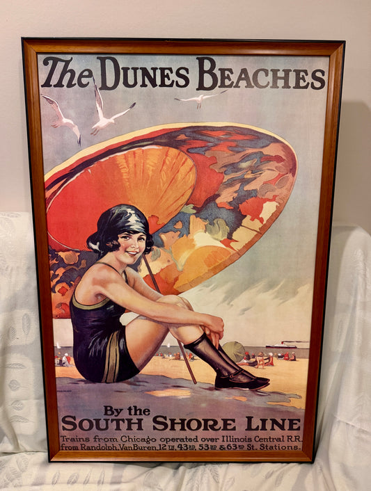 🏖️ Framed Poster – The Dunes Beaches by the South Shore Line Vintage Chicago Rail & Beach Resort Advertisement