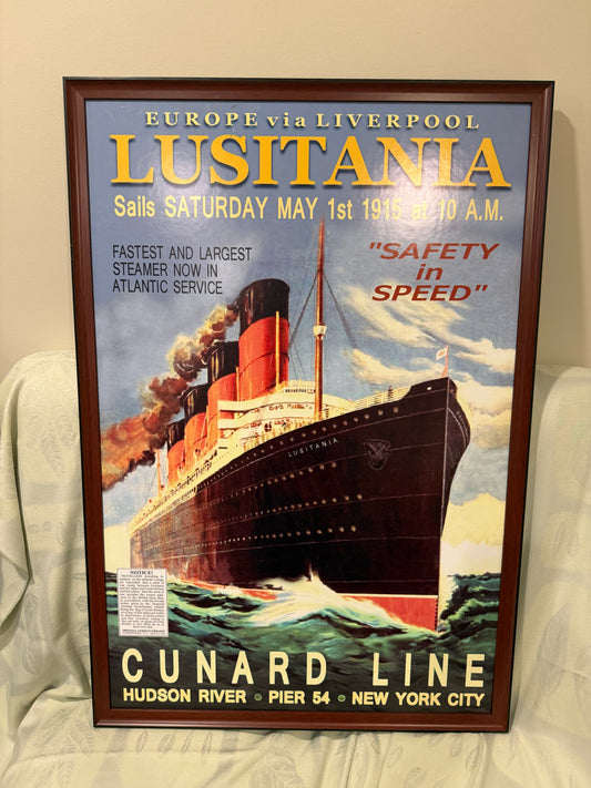 🛳️ Framed Maritime Poster – RMS Lusitania Ocean Liner Advertisement Cunard Line – May 1st, 1915 Sailing from New York to Liverpool