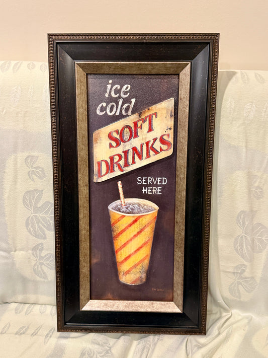 Framed Retro Diner Sign Art – “Ice Cold Soft Drinks Served Here” Artwork by CH Lowe – Americana Style