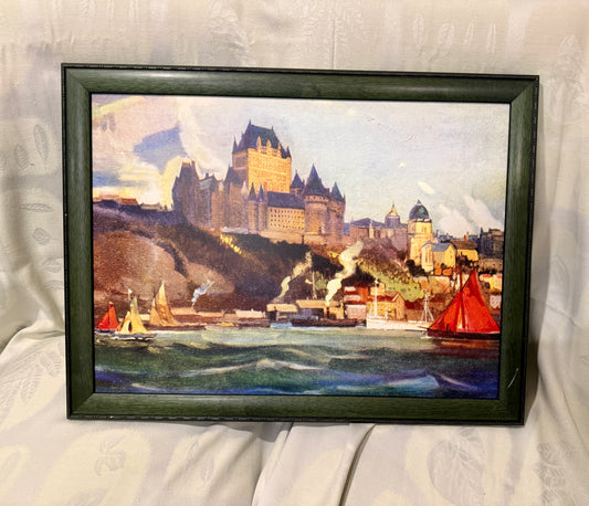 🏰 Framed Print – Château Frontenac & Old Quebec City Harbour Scene Vintage-Style Travel Art on Canvas
